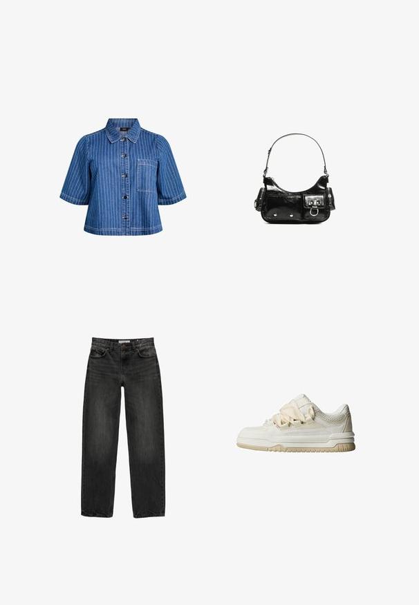 Krótka dżinsowa kurtka z krótkimi rękawami w ciemnoniebieskim kolorze z białymi pionowymi paskami, zapięcie na guziki, kołnierzyk i kieszeń z przodu. Gładka tekstura i swobodny styl.; Czarne dżinsy o luźnym kroju, prostych nogawkach, pięciu kieszeniach i lekko wypłowiałej strukturze. Zapięcie na guzik i suwak z przodu.; Niskie sneakersy w kolorze ecru z fakturowaną cholewką, panelami z siatki i kontrastującą beżową gumową podeszwą. Posiadają grube sznurówki i minimalny branding.; Czarna torebka z lakierowanej skóry o zaokrąglonym kształcie, z jednym paskiem na ramię, przednimi kieszeniami i akcentami w kolorze srebrnym.