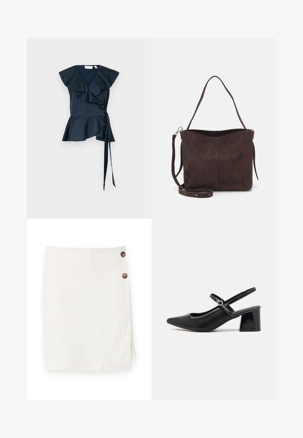 Námořnická hedvábná zavinovací blůza s volánovými rukávy a vázáním v pase. Rozšířený lem s vrstvenými volány, které zvýrazňují strukturovaný design.; Bílá sukně s texturovanou tkaninou, s překládaným designem a dvěma kulatými knoflíky na boku pro zapínání.; Černé lakované lodičky s otevřenou patou, špičatou špičkou, zaobleným střihem a blokovým podpatkem. Zdobené akcentem v zlatém tónu.; Hnědá semišová taška přes rameno s jemnou texturou, vybavená jedním popruhem na rameno a decentním zakřiveným horním otvorem. Žádné viditelné detaily z hardware.