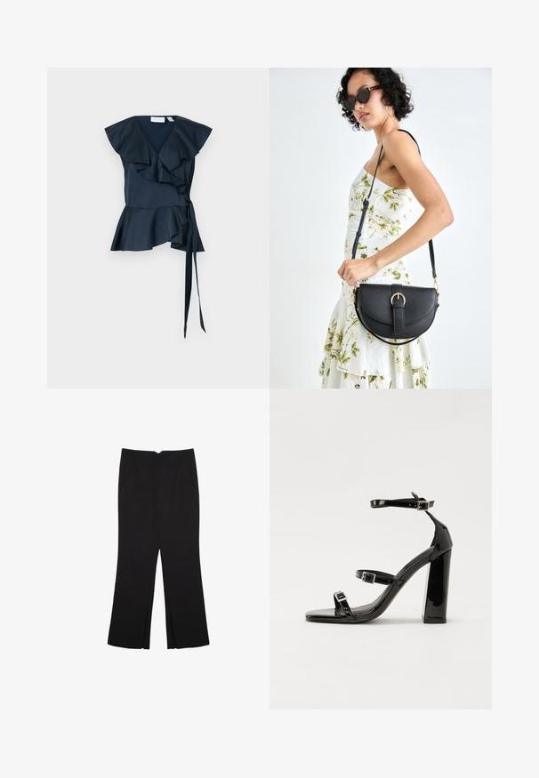 Zelena svila zavihek s pufastimi rokavi in zavezanim pasom. Razširjen rob z večplastnimi volančki, ki poudarja strukturirano zasnovo.; Črne hlače ravnega kroja z naglavnimi žepi in stranskimi razporki na robu. Narejene iz mehke, gladke tkanine. Primerne za različne priložnosti.; Črne lakirane sandale s peto, kvadratnim prstom, trakovi okrog gležnja in srebrnimi zaponkami. Opremljene so s stabilno Debelo peto.; Črna usnjena torbica s ukrivljeno obliko, z odstranljivo naramnico in zlatimi dodatki. Torbica ima pokrov s podrobnostmi v obliki zaponke.