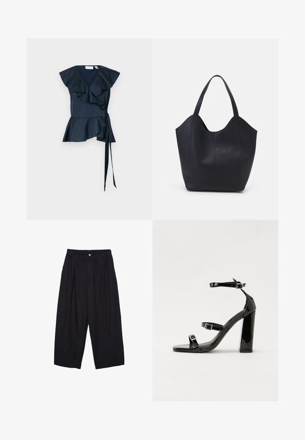 Námornícky hodvábny vrchný diel s volánovými rukávmi a viazaním v páse. Rozšírený spodný lem s vrstvenými volánmi, ktorý zdôrazňuje štruktúrovaný dizajn.; Čierne polyesterové culotte nohavice s elastickým pásom, dvoma prednými záhybmi a voľným strihom. Žiadne viditeľné vzory ani detaily z kovu.; Čierne lakované sandále na podpätku so štvorcovou špičkou, navlečenými remienkami okolo členku a striebornými prackami. Disponujú masívnym blokovým podpätkom pre stabilitu.; Čierna taška s dlhým uchom vyrobená z hladkej kože, s oblým otvoreným vrchom a dvoma ramennými popruhmi, minimalistického dizajnu.