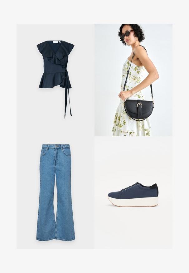 Top din mătase bleumarin cu mâneci volanate și talie legată. Poalele evazate cu volane suprapuse, accentuând designul structurat.; Jeanși evazați de culoare albastru deschis, din denim, cu talie înaltă, cinci buzunare și închidere cu un singur buton. Textură moale cu un finisaj decolorat.; Sneaker albastru închis, cu un material texturat pe partea superioară, talpă platformă albă, vârf rotunjit și accent de călcâi negru. Dispune de șase găuri pentru șireturi.; Geantă din piele neagră, cu o formă curbată, curea detașabilă și accesorii aurii. Geanta are un capac cu un detaliu tip cataramă.