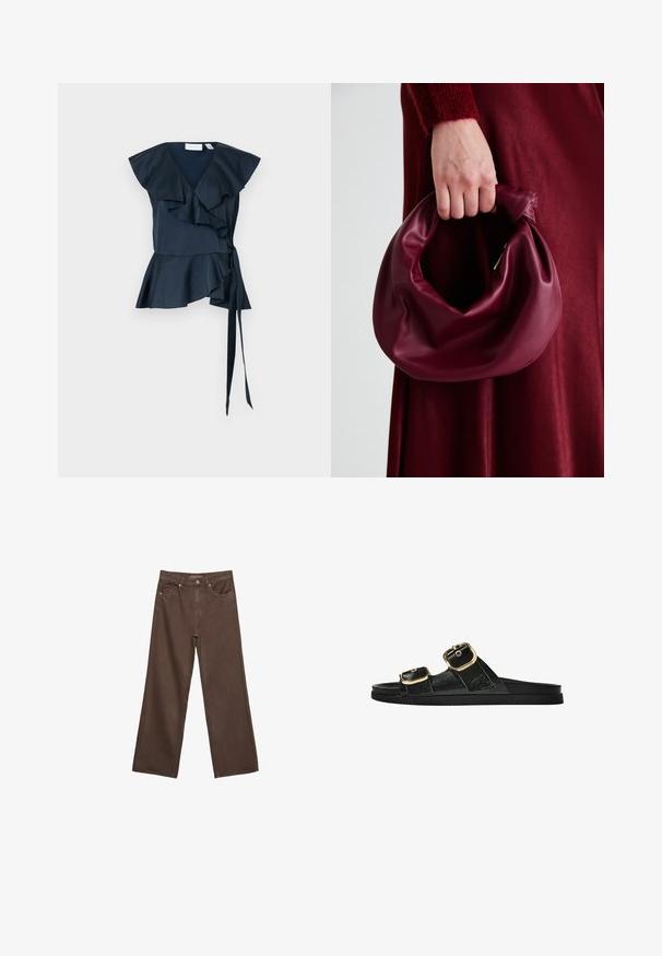 Zelena svila zavihek s pufastimi rokavi in zavezanim pasom. Razširjen rob z večplastnimi volančki, ki poudarja strukturirano zasnovo.; Široke rjave kavbojke iz denima, ki imajo visok pas, sprednje žepe in klasično zapiranje na gumb. Gladka tekstura s subtilnim šivom.; Črne drsne sandale z dvema zlatima zaponkama, gladkega materiala, ravnim podplatom in minimalističnim dizajnom.; Bordo usnjeni ročni torbici s mehak, nabrana zasnova in okrogla oblika. Ročaj je varen in prikazuje gladko teksturo.