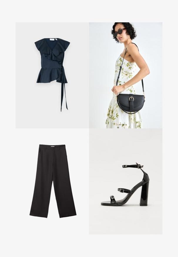 Zelena svila zavihek s pufastimi rokavi in zavezanim pasom. Razširjen rob z večplastnimi volančki, ki poudarja strukturirano zasnovo.; Črne široke hlače iz gladkega materiala, z sprednjim zadrgo in dvema stranskima žepoma, s prilagojenim krojem in minimalističnim dizajnom.; Črne lakirane sandale s peto, kvadratnim prstom, trakovi okrog gležnja in srebrnimi zaponkami. Opremljene so s stabilno Debelo peto.; Črna usnjena torbica s ukrivljeno obliko, z odstranljivo naramnico in zlatimi dodatki. Torbica ima pokrov s podrobnostmi v obliki zaponke.