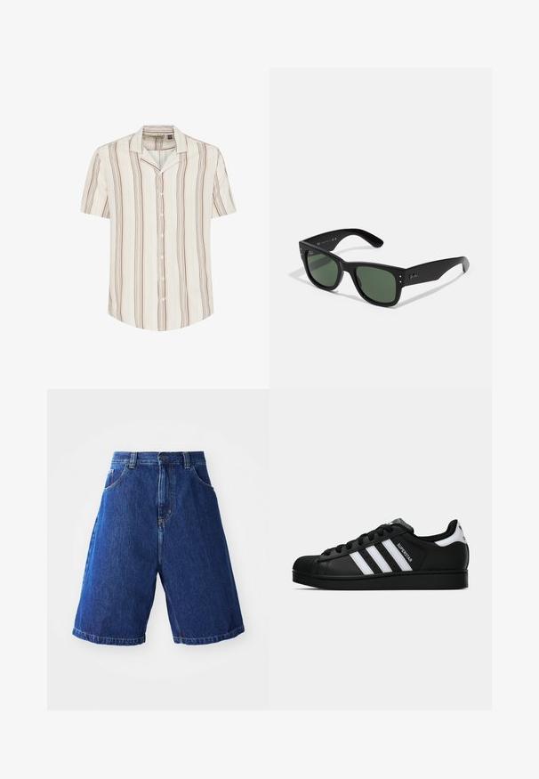 Košile s krátkým rukávem v světle krémové barvě s vertikálními hnědými a tlumenými žlutými pruhy. Měkká tkanina s volným střihem a límečkem.; Bílý bavlněný top na ramínka s kulatým výstřihem, širokými ramínky a rovním lemem, s hladkou texturou a bez viditelných vzorů.; Denimové kraťasy s modrým ombré, s vysokým pasem, dvěma předními kapsami a žlutým prošíváním podél švů.; Černé tenisky Adidas Superstar se bílými pruhy, špičkou ve tvaru skořápky a textem "Superstar" na boku, zobrazené v bočním profilu na bílém pozadí.; Černé obdélníkové sluneční brýle se zelenými skly, matným povrchem, nenápadnými kovovými akcenty a Embosovaným logem na stranicích.; Tři bandany: jedna žlutá s černými vzory, jedna bílá s černými designy a jedna černá s bílými grafikami. Všechny jsou čtvercové, vyrobené z lehkého materiálu.