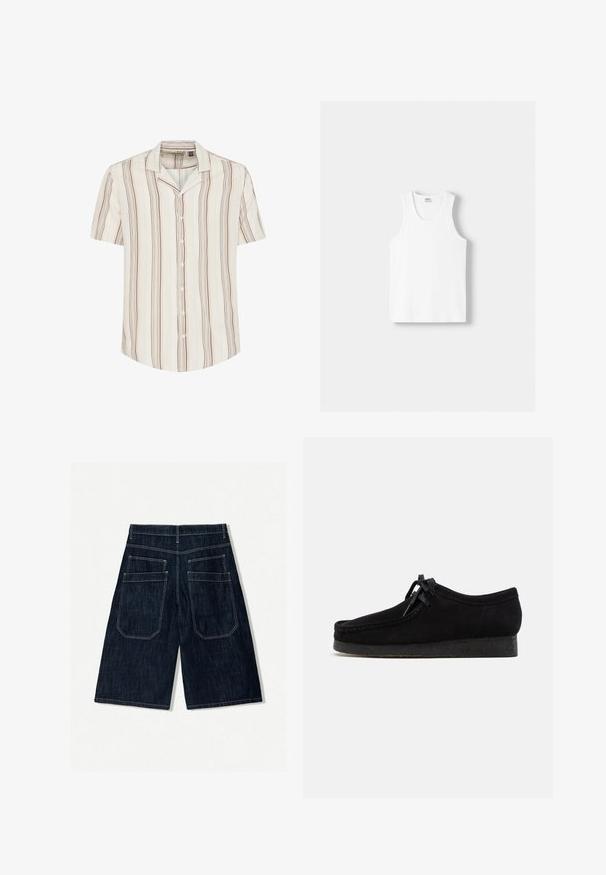 Kurzärmliges Hemd mit Knopfleiste in hellem Creme mit vertikalen braunen und gedämpften gelben Streifen. Weicher Stoff mit entspannter Passform und Kragen.; Weißes Baumwoll-Trägershirt mit Rundhalsausschnitt, breiten Trägern und geradem Saum, das eine glatte Textur aufweist und keine sichtbaren Muster hat.; Dunkelblaue Jeansshorts mit lockerer Passform, ausgestattet mit zwei Gesäßtaschen, Kontrastnähten und geradem Bein DESIGN.; Schwarze Wildlederschuhe mit rundem Zehendesign, einer Schnürfront und einer strukturierten schwarzen Gummisohle. Glattes Obermaterial mit dezenten Nahtdetails.