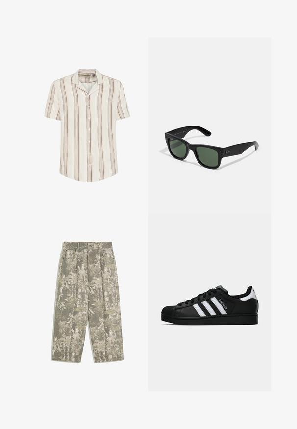 Košile s krátkým rukávem v světle krémové barvě s vertikálními hnědými a tlumenými žlutými pruhy. Měkká tkanina s volným střihem a límečkem.; Bílý bavlněný top na ramínka s kulatým výstřihem, širokými ramínky a rovním lemem, s hladkou texturou a bez viditelných vzorů.; Kargo kalhoty s širokými nohavicemi v zeleném a béžovém maskáčovém vzoru s listy a kůrou, se zapínacími kapsami a poutky na pás.; Černé tenisky Adidas Superstar se bílými pruhy, špičkou ve tvaru skořápky a textem "Superstar" na boku, zobrazené v bočním profilu na bílém pozadí.; Černé obdélníkové sluneční brýle se zelenými skly, matným povrchem, nenápadnými kovovými akcenty a Embosovaným logem na stranicích.; Tři bandany: jedna žlutá s černými vzory, jedna bílá s černými designy a jedna černá s bílými grafikami. Všechny jsou čtvercové, vyrobené z lehkého materiálu.; Olivově zelená taška přes rameno s dvojitými uchy a nastavitelným ramenním popruhem. Obsahuje hlavní zipovou přihrádku a přední zipovou kapsu.