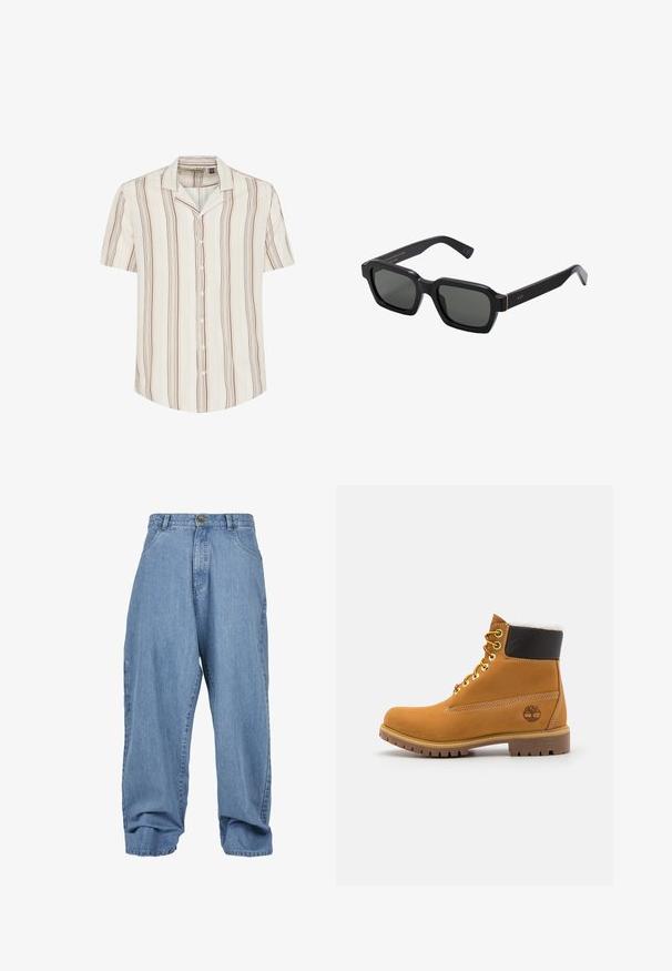 Košulja kratkih rukava s dugmićima u svijetlom kremastom tonu s vertikalnim smešnim i prigušenim žutim prugama. Mekan materijal s opuštenim fitom i ovratnikom.; Bijela polo majica od pamuka. Ima klasičan ovratnik, placket s tri gumba i kratke rukave. Diskretni logo izvezen na prsima.; Svijetloplave traperice s opuštenim krojem, kopčanje na gumb, prednji džepovi i manžetna, s klasičnim dizajnom od pet džepova.; Smeđi kožni gležnjača sa metalnim okovima, bijelim krznom obloženim unutrašnjim dijelom, crnim podstavljenim okovratnikom, robusnom potplatom i utisnutim logoom na strani.; Crne, četvrtaste sunčane naočale s sivim lećama. Debeli plastični okviri imaju zlatne naglaske i brendiranje na sljepoočnicama. Glatka tekstura.