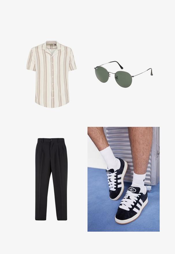 Camicia a maniche corte con bottoni di colore crema chiaro, decorata con strisce verticali marroni e giallo tenue. Tessuto morbido, vestibilità rilassata e colletto.; Pantaloni neri con design a pieghe sul davanti, realizzati in tessuto morbido. Presentano una chiusura con bottone e passanti per cintura; vestibilità a gamba dritta.; Sneakers in suede nero con lacci bianchi e tre strisce bianche. Presentano un logo circolare nero sulla linguetta e una suola in gomma color gomma.; Occhiali da sole con montatura in metallo e lenti verdi ovali. Montatura sottile in metallo argento e terminali neri. Design minimalista, senza loghi visibili.