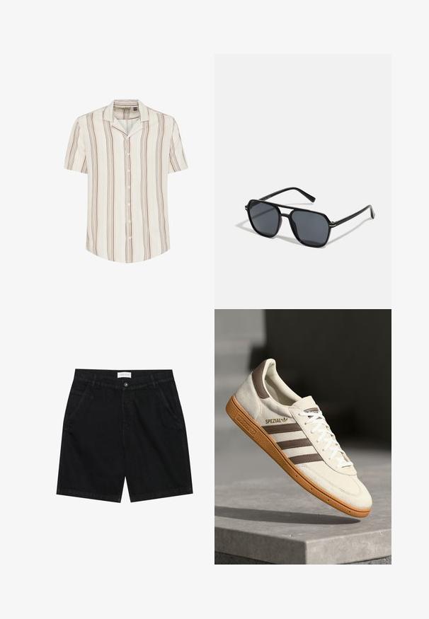 Korte ermers skjorte i lys kremfarge med vertikale brune og dempede gule striper. Myk stoff med avslappet passform og krage.; Svart denimshorts med klassisk passform, med to frontlommer, knappelukking og et merke på midjebåndet. Teksturet stoff.; Hvite semskede sneakers med brune lærdetaljer, tre brune striper og hvite snørebånd. Har en teksturert gummisåle og gull "SPEZIAL" logo.; Sorte solbriller med ottekantet ramme, mørke linser, blank finish, tynde stænger og guld accenter på fronten.