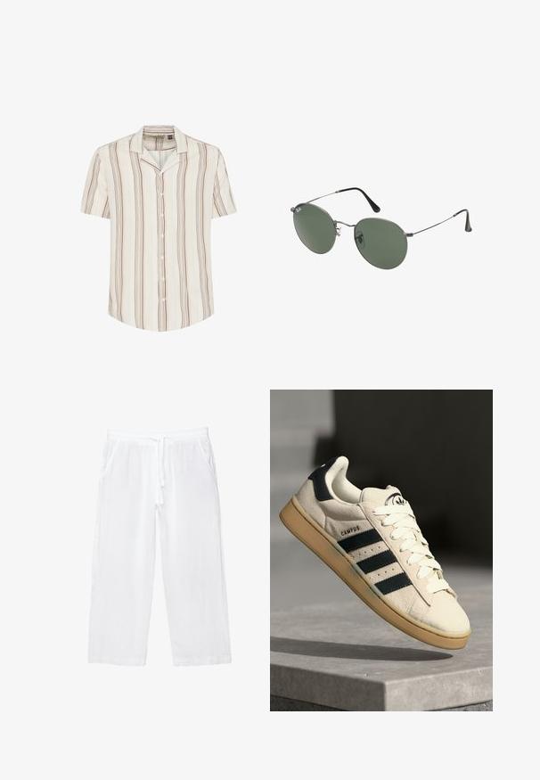 Camicia a maniche corte con bottoni di colore crema chiaro, decorata con strisce verticali marroni e giallo tenue. Tessuto morbido, vestibilità rilassata e colletto.; Pantaloni cropped bianchi in lino con vita elasticizzata, coulisse e due tasche laterali. Texture morbida e design leggero per il massimo comfort.; Sneaker in suede beige con tre strisce blu scuro, lacci bianchi e suola in gomma beige. Presenta un logo sulla linguetta e il testo "CAMPUS".; Occhiali da sole con montatura in metallo e lenti verdi ovali. Montatura sottile in metallo argento e terminali neri. Design minimalista, senza loghi visibili.