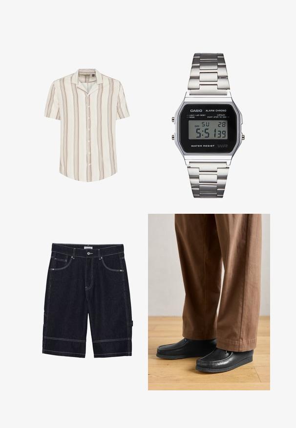 Lyhythemmatuinen nappikauluspaita vaaleassa kermassa, jossa on pystysuorat ruskeat ja vaimean keltaiset raidat. Pehmeä kangas rentoa istuvuutta varten ja kaulus.; Tummat farkkushortsit, joissa on kontrastiväriset ompeleet, viisi taskua, napitus ja suora leikkaus. Ei näkyviä kuvioita tai tekstuureja.; Mustat nahkakengät, joissa on mokkasinineule ja ommelyksityiskohdat, yhdistettynä ruskeisiin housuihin, puulattialla.; Digitaalinen Casio-kello, jossa on musta kellotaulu, hopeinen ruostumattomasta teräksestä valmistettu ranneke, suorakaiteen muotoinen kotelo sekä napit valoa, kierros-nollaus- ja tilan säätöä varten.