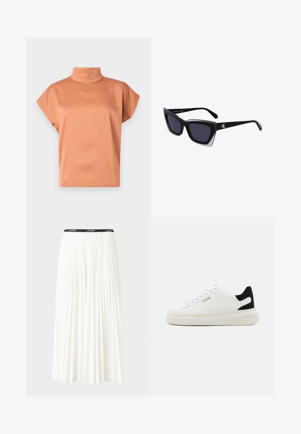 Lyhythihainen poolo pehmeässä terrakottavärissä, joka on sileä ja rento malli ilman näkyviä kiinnikkeitä tai kuvioita.; Hame valkoinen pliseerattu hame mustalla joustavalla vyötäröhihnalla, jossa on "LACOSTE"-logo. Puolipitkä malli pehmeällä tekstuurilla.; Valkoiset nahkakengät paksulla valkoisella pohjalla, mustalla mokkanahkaosuudella kannassa ja kohokuvioitu logo sivulla. Nauhakeskitys kuudella reiällä.; Mustat ylisuuret aurinkolasit, joissa on geometrinen muoto, tummat linssit ja kehykseen erottuva harmaa yksityiskohta. Logo varressa.