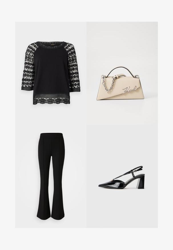 Maglietta nera con maniche in pizzo a tre quarti, decorata con motivi floreali. Corpo liscio, collo a costine e dettagli in pizzo sull'orlo.; Pantaloni neri a zampa d'elefante realizzati in un materiale elastico con una texture liscia, caratterizzati da dettagli delle cuciture lungo la parte anteriore per un tocco di design in più.; Scarpe con tacco alto in vernice nera, con punta appuntita, cinturino regolabile e tacco rettangolare chunky.; Borsa a mano in pelle beige con una forma triangolare strutturata, dotata di un manico in catena argentata e di un logo in metallo scritto in corsivo.