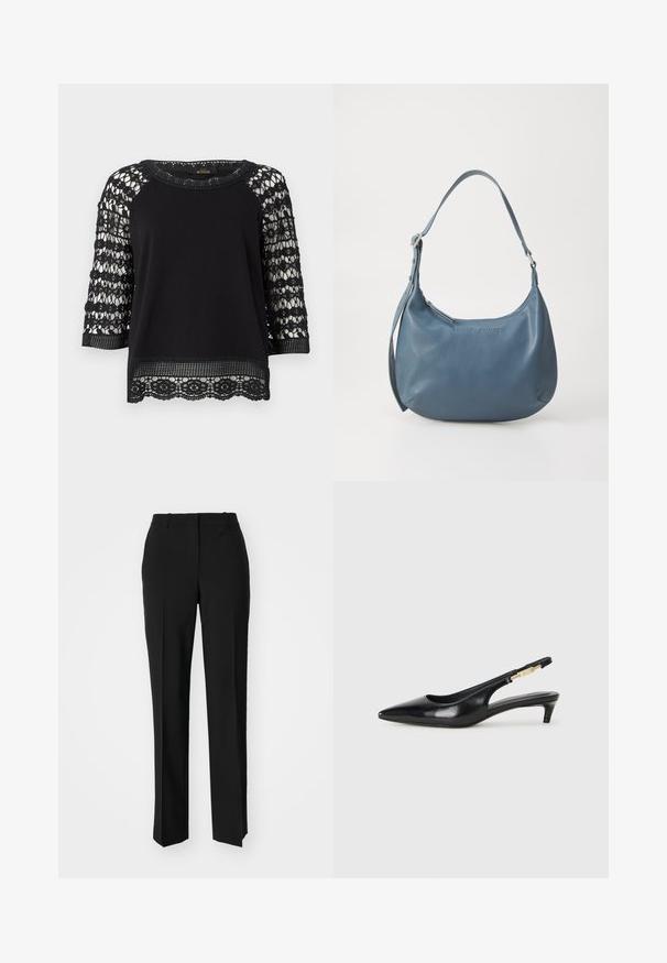 Haut noir avec des manches en dentelle trois-quarts, présentant des motifs floraux. Corps lisse, col côtelé et détails en dentelle sur l'ourlet.; Pantalon noir ajusté avec une coupe droite, présentant une texture lisse et des plis nets sur le devant. Aucune quincaillerie visible.; Talons hauts en cuir noir avec un bout pointu, dotés d'un talon fin et d'un accent en ton or sur la lanière réglable. Texture lisse.; Sac à main en cuir bleu avec une forme arrondie, une seule bandoulière, fermeture zippée et nom de la marque en relief sur le devant. Texture lisse.