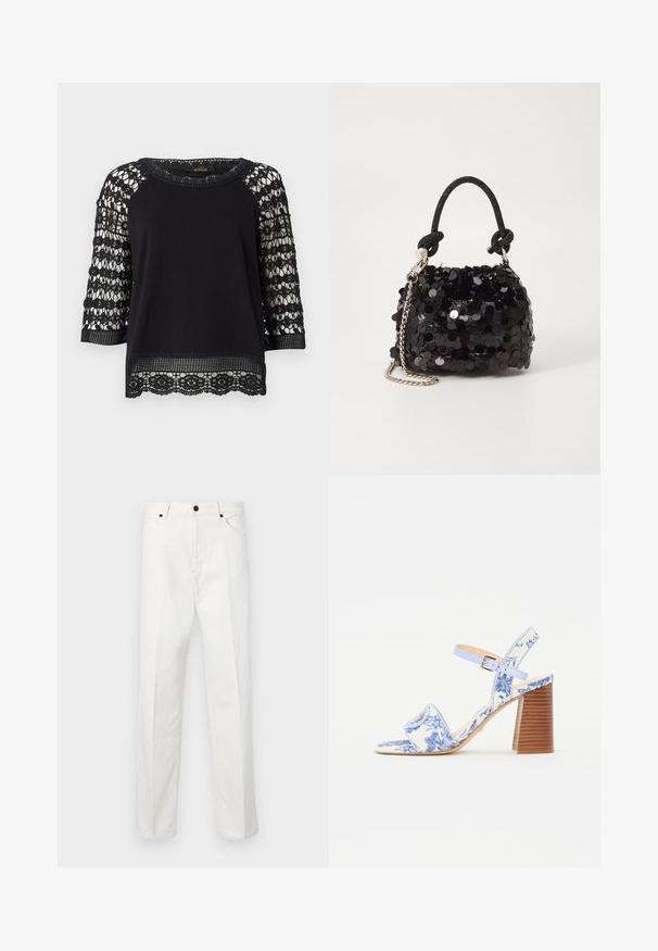 Haut noir avec des manches en dentelle trois-quarts, présentant des motifs floraux. Corps lisse, col côtelé et détails en dentelle sur l'ourlet.; Pantalon en jean blanc avec une coupe droite, fermeture par bouton et deux poches avant. Pas de motifs ni de décorations visibles. Texture lisse.; Sandale imprimée de fleurs bleues avec un orteil carré, une large sangle et une sangle de cheville réglable, dotée d'un talon en bois texturé.; Mini sac à main en sequins noirs avec une bandoulière texturée nouée et une chaîne argentée. Forme arrondie avec un haut froncé et des détails réfléchissants.