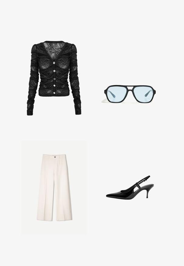 Mustahduttu pitkähihaista kardigaania, joka on valmistettu läpikuultavasta pitsistä, rypistyksillä varustettuna. Siinä on V-mallinen kaula-auko ja kuusi hopeanväristä nappia edessä.; Kerman leveletut housut räätälöidyllä designilla, joissa on kaksi etutaskua ja yksi etunapituksilla, valmistettu sileästä kankaasta.; Musta lakattu nahkainen slingback-korkokenkä teräväkärkisellä, avonaisilla sivurei'illä, kapealla korolla ja säädettävällä nilkkahihnalla.; Mustat aurinkolasit suorakaiteen muotoisilla kehyksillä, sinisävyisillä linsseillä ja erottuvalla siltarakenteella. Tyylikäs pinta, huomaamaton rakenne.; Ruskean nahkainen olkalaukku, jossa on kaareva muoto, kultaiset yksityiskohdat ja solkiyksityiskohta. Varustettu irrotettavalla olkahihnalla.