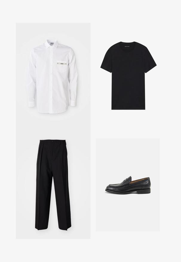 Bela srajca z dolgimi rokavi iz bombaža. Ima sprednje zapiranje na gumbe, oblikovan ovratnik in majhen žep z blagovno znamko na prsih.; Črna bombažna majica s kratkimi rokavi in okroglim ovratnikom. Tkanina ima gladko teksturo in enostaven, enobarven dizajn.; Črne nabirane hlače s ravnim, širokim krojem. Narejene so iz gladkega materiala in imajo zadrgo ter pasne zanke.; Črne usnjene loafers cipele z gladko površino, zaobljenim nosom in dekorativnim šivom na vampu. Nizek zloženi peti in rahla sijaj.