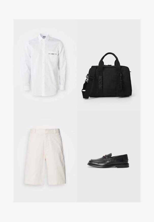 Balta garām piedurknēm krekls, izgatavots no kokvilnas. Tam ir poga priekšā, norādīta apkakle un neliela kabata ar zīmolu uz krūtīm.; Baltas kokvilnas šorti ar brīvu piegriezumu, aprīkoti ar divām priekšējām kabatām, rāvējslēdzēja aizdari un gludu tekstūru. Tīrs, vienkāršs dizains bez rakstiem.; Melnā ādas mokasīni ir ar noapaļotu purngalu, šūšanas detaļām un nelielu zelta akcentu priekšpusē. Zole ir plaka un diskrēta.; Melnas tekstila soma ar divām rokturiem un noņemamu plecu siksnu. Iezīmēta ar iegravētu logo un ādas piekariņu. Gluda tekstūra, taisnstūra forma.