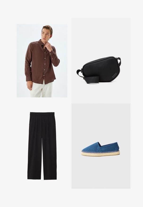 Ruskea pellavapaita pitkillä hihoilla, hienovaraisella tekstuurilla, terävällä kauluksella ja valkoisilla napeilla, yhdistettynä vaaleisiin housuihin.; Mustat väljät housut, joissa on laskostettu etuosa, sivutaskut ja sileä kankaan rakenne. Suunniteltu rentoa istuvuutta varten.; Sininen kangaspohjallinen espadrilles suljetulla varpaalla, juuttipohjalla ja ommellulla reunalla. Sileä kangasmateriaali ja matala muotoilu.; Musta vetoketju-unelmatasku, joka on valmistettu sileästä materiaalista, jossa on litteä muoto, yksi hihna ja pieni logovivahde. Minimalistinen muotoilu.