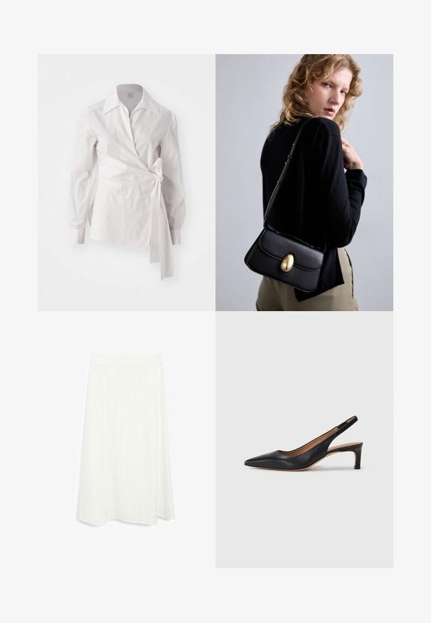 Biała bluzka z długim rękawem, zapinana na krzyż, z klasycznym kołnierzykiem i bocznym wiązaniem na jednolitym tle.; Biała spódnica do kolan w kształcie rozkloszowanym. Posiada pionowe paski oraz gładką teksturę. Prosty pas w talii zapewniający pewne dopasowanie.; Czarne skórzane czółenka na potylicy z wydłużonym noskiem, niskim obcasem i gładką fakturą. Posiadają cienki, regulowany pasek zapewniający pewne dopasowanie.; Czarna skórzana torebka o zaokrąglonym kształcie, z wyraźnym złotym owalnym zapięciem, regulowanym paskiem i minimalistycznym designem.