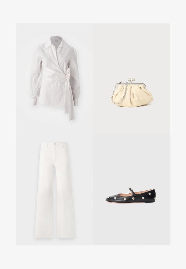 Blouse blanche à manches longues enroulée avec un col classique et un détail de nœud sur le côté, sur fond uni.; Jean large blanc taille haute en denim. Se ferme par un bouton, dispose de deux poches avant et de coutures détaillées sur les côtés.; Chaussure plate en cuir noir type Mary Jane avec un bout arrondi, ornée de clous ronds en argent et dotée d'une sangle réglable avec une boucle.; Pochette en cuir beige plissé avec un cadre en métal argenté, dotée de deux fermoirs ronds décoratifs et d'une chaîne en argent.