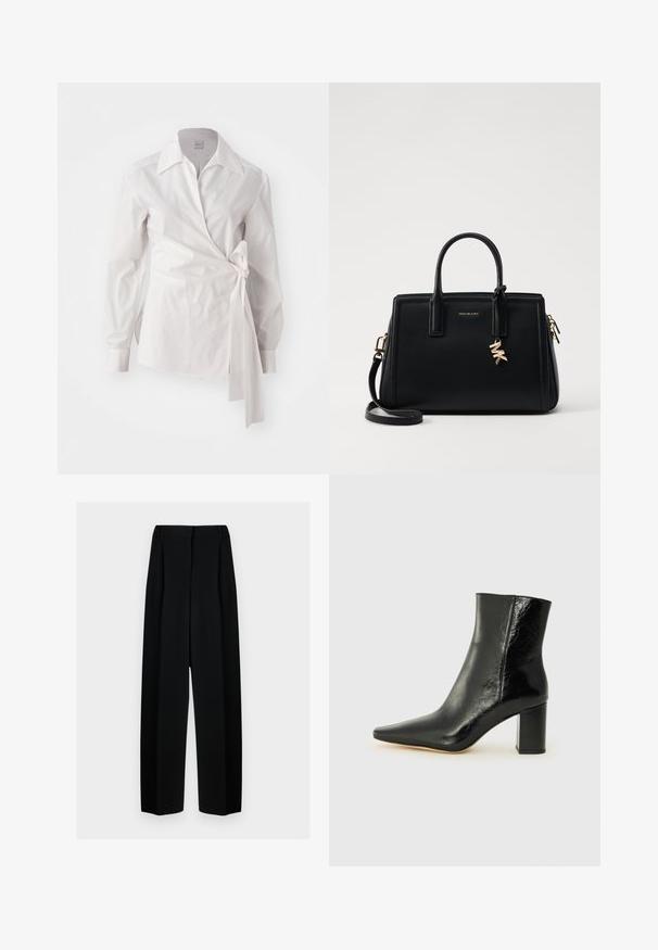 Fehér, hosszú ujjú, keresztezett blúz klasszikus gallérral és oldalra kötött részlettel, egyszínű háttér előtt.; Fekete, széles szárú nadrág magas derékkal, redők és sima textúra jellemzi. Az anyag könnyűnek tűnik és elegánsan hullámzik.; Fekete bokacsizma fényes bőrből, hegyes orral és tömör, négyzet alakú sarokkal. Simácska textúrával és minimalista dizájnnal rendelkezik.; Fekete bőr kézitáska strukturált dizájnnal, dupla felső fogantyúkkal, levehető vállpánttal, arany színű fémrészletekkel és logómedál díszítéssel.