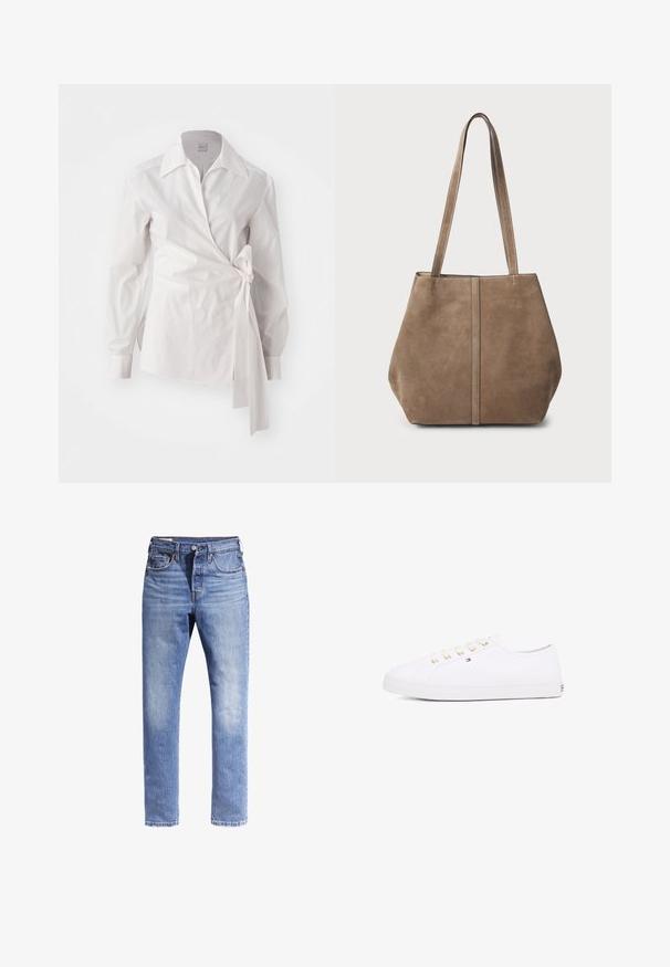 White long-sleeve wrap blouse with a classic collar and a side knot detail on a plain background.; Light blue denim jeans featuring a straight leg design, five pockets, and contrast stitching. The fabric appears slightly distressed.; White canvas sneaker with gold eyelets, flat laces, textured rubber sole, and minimal branding on the side. Low-profile design.; Brown suede tote bag with two long handles, vertical seam detail on the front, and a soft texture. Spacious design suitable for everyday use.