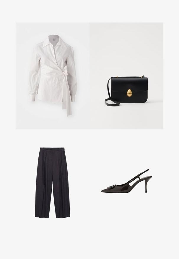 Weiße langärmelige Wickelbluse mit klassischem Kragen und seitlichem Knoten-Detail auf einem einfachen Hintergrund.; Weite Hosen aus dunkelblauem Stoff mit subtilen vertikalen Streifen, ausgestattet mit einem Knopfverschluss und einem strukturierten Bund.; Schwarzer Lackleder-Slingback-Schuh mit spitzem Zehenbereich, minimalistischem Design, kleinem kreisförmigem Akzent auf dem Schuhoberteil und schlankem Absatz.; Schwarze Lederhandtasche mit strukturierter rechteckiger Form. Verfügt über einen goldenen ovalen Verschluss und einen dünnen Schulterriemen. Glatte Textur.