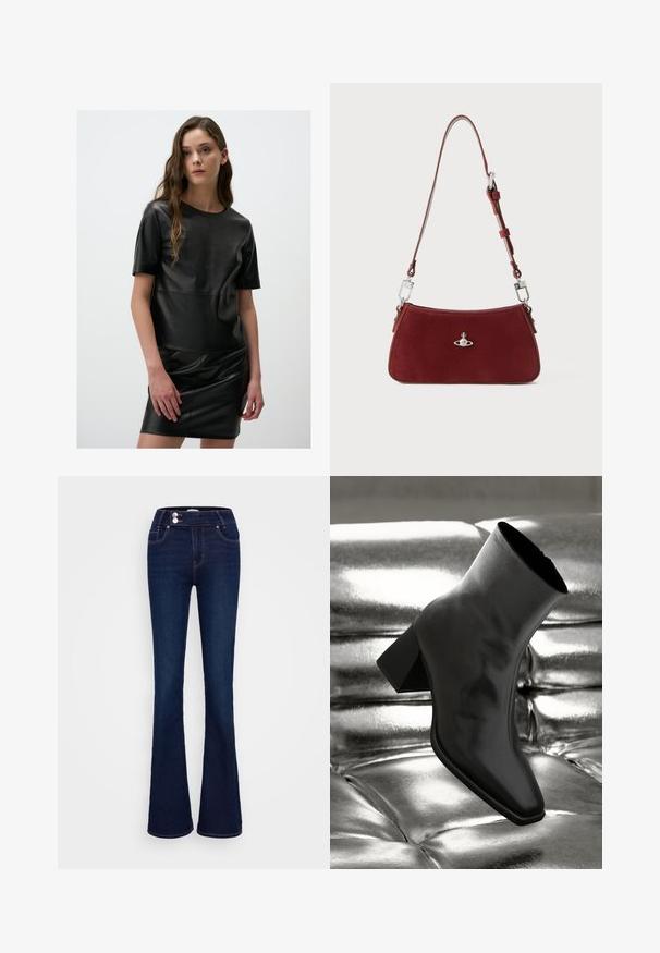 Schwarzes Lederkleid mit kurzen Ärmeln, Rundhalsausschnitt und figurnaher Silhouette, das eine glatte Textur und saubere Nähte präsentiert.; Dunkelblaue Schlagjeans mit hoher Taille, zwei Fronttaschen und zwei Knopfverschlüssen. Hergestellt aus Denim mit glatter Textur.; Schwarzer Knöchelstiefel aus glänzendem Material mit quadratischer Zehenform und verjüngtem Absatz, vor einem glänzenden silbernen gepolsterten Hintergrund.; Rote Wildleder Schultertasche mit einer curved Form. Verfügt über einen silberfarbenen Akzent und einen verstellbaren Trageriemen mit Hardware-Details. Glatte Textur.