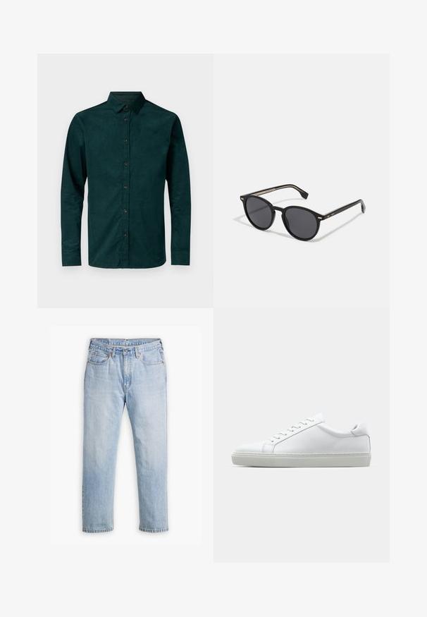 Bruuns Bazaar CORDBBSTOKED SHIRT - Camisa - dark green; Jeans de mezclilla azul claro con un diseño de pierna recta, estilo de cinco bolsillos y costuras en contraste. Cierre de botón y cremallera en la cintura.; Zapatilla blanca con parte superior de cuero liso y perfil bajo. Presenta una puntera redondeada, seis ojales y una suela de goma texturizada.; BOSS Gafas de sol - black