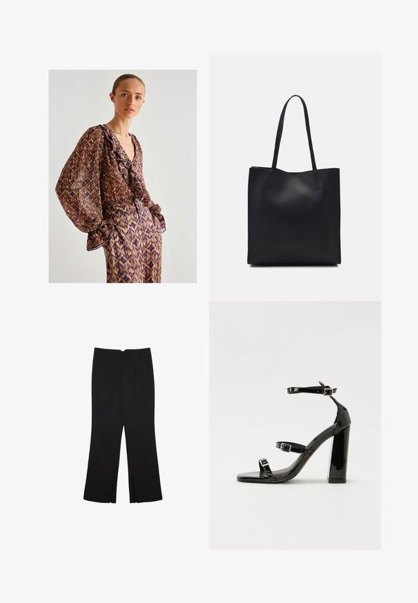 Gennemsigtig brun bluse med lilla og guld abstrakt mønster, flæset halsudskæring og bløde ærmer, parret med matchende bukser med mønster.; Sorte bukser med lige pasform, der har frontlommer og slidser i kanten. Lavet af blødt, glat stof. Velegnet til forskellige anledninger.; Sorte patenterede hælsandaler med firkantet tå, ankelremme og sølvspænder. Har en chunky blokHæl for stabilitet.; Sort læder tote taske med glat tekstur, rektangulær form og to lange hanke. Ingen synlig hardware eller udsmykninger.