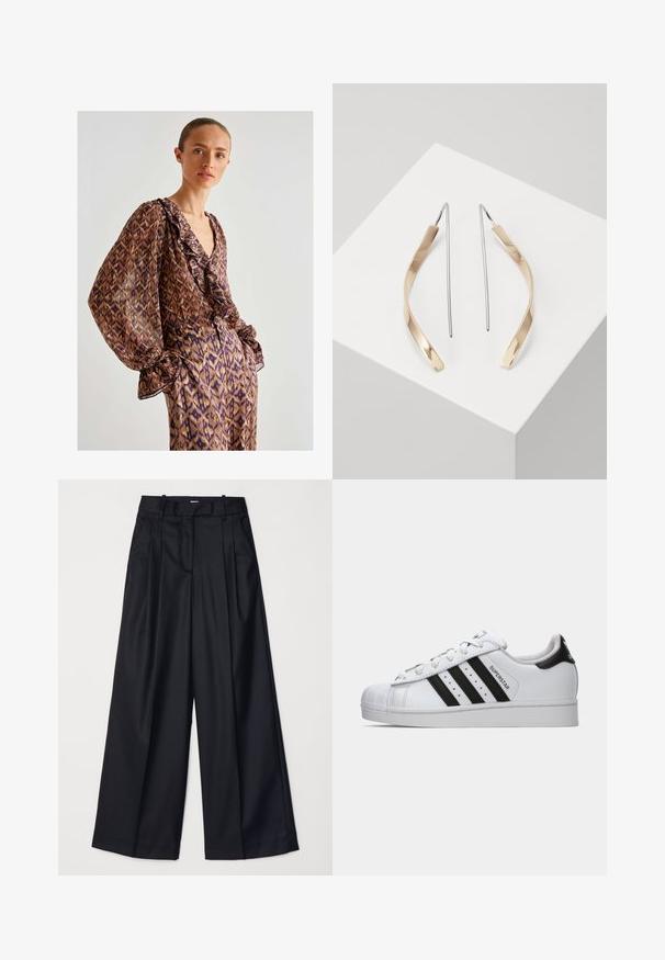 Transparent brun blus med lila och guld abstrakt mönster, volangkrage och vida ärmar, i kombination med matchande mönstrade byxor.; Svarta vida byxor i slät tyg, med hög midja, veck och skräddarsydd design. Enkel svart detalj vid midjan.; Vit Adidas Superstar-sko med svarta ränder, skaligtå och "Superstar"-text på sidan, visad i vänsterprofil på vit bakgrund.; Guld- och silverhängöron med en böjd, avlång form. Glansig yta med en slät textur och minimalistisk design.