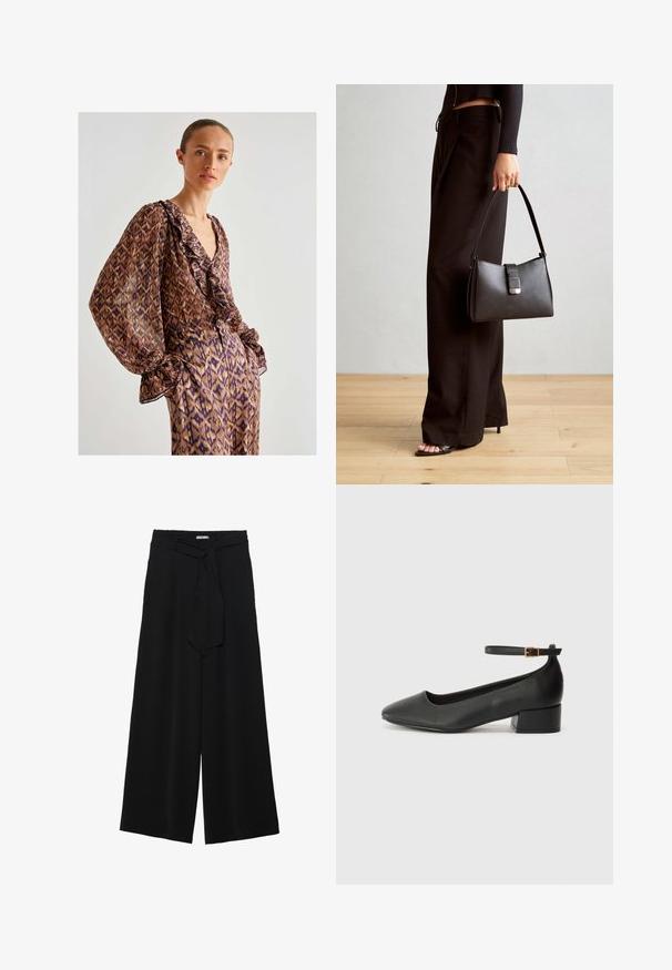Doorzichtig bruine blouse met abstract paarse en gouden patroon, met een geplooide halslijn en wijd uitlopende mouwen, in combinatie met bijpassende geprinte broeken.; Zwarte wijde broek van textuurstof, met een elastische tailleband en een afneembare sjaalstrik in de taille voor een verstelbare pasvorm.; Zwarte leren pump met een spitse neus en een lage blokhak. Beschikt over een enkelband met een goudkleurige gespsluiting. Gladde textuur.; Zwarte handtas met gestructureerde vorm, gladde textuur en een metalen sluiting. Gecombineerd met brede zwarte broeken en sandalen met open teen op een houten vloer.