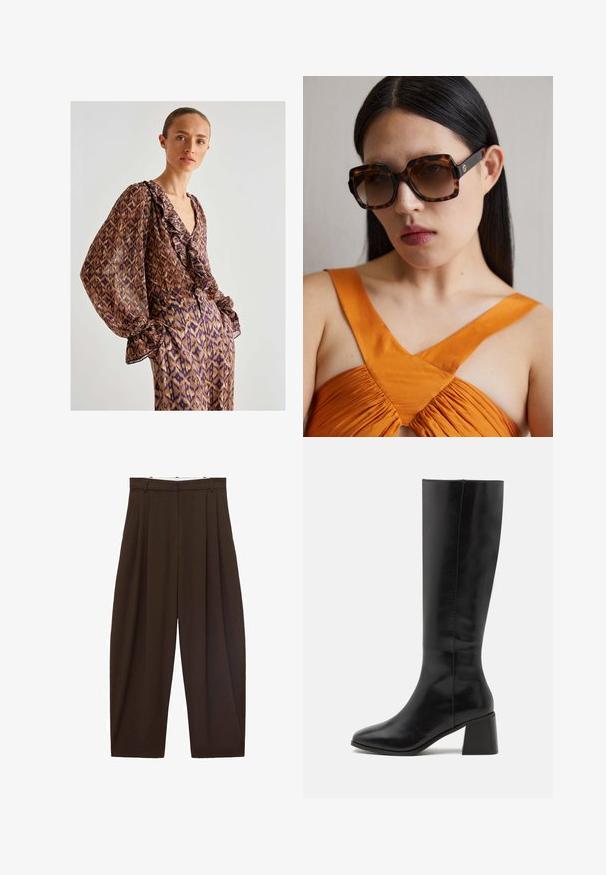 Blouse brune transparente avec un motif abstrait violet et or, décolleté froncé et manches bouffantes, associée à un pantalon à motif assorti.; Pantalons taille haute marron avec des plis, fabriqués en tissu lisse. Coupe ample, design droit, avec passants de ceinture et fermeture éclair.; ONLY SHOES ONLBIJOU KNEE HIGH BOOT - Bottes - black; Lunettes de soleil oversized en écaille brune avec une large monture rectangulaire et des verres dégradés. Détail du logo doré sur le côté.; Sac à main en daim marron avec une longue sangle en cuir, des garnitures en argent, une forme rectangulaire et un rabat plat comportant un embellissement central.
