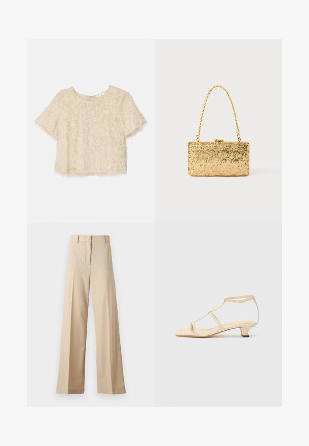 Šviesiai bežinis trumpų rankovių, trumpas viršus, su pūkuota tekstūra ir apvaliu iškirpimu, su paslėptu užtrauktuku nugarinėje pusėje.; Smėliniai plačių kojų kelnių pagamintos iš lygaus audinio, su plokščiu priekiu su klostėmis, užtrauktuku ir kilpomis diržui. Visapusiškai pritaikyta forma.; Bežiniai aukšti sandalai su T formos dirželiu, kvadratiniu pirštu, reguliuojamu kulkšnies dirželiu ir žemu bloku koto aukščiu. Lygus odos paviršius.; Auksinė blizgučių rankinė, stačiakampio formos, su susuktos grandinėlės rankena ir metaliniu užsegimu, atspindinti šviesą su tekstūruotu paviršiumi.