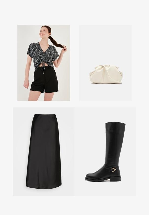 Czarny i biały wzorzysty krótki top z krótkim rękawem i wiązanym przodem, zestawiony z czarnymi szortami. Gładka faktura i luźny krój.; Czarna satynowa spódnica midi o gładkiej fakturze, w kształcie litery A i subtelnym połysku. Posiada elegancki, prosty fason bez zdobień.; Anna Field Wide Fit - Kozaki; Kremowa, miękka torba z sztucznej skóry o marszczonym wzorze, z regulowanym paskiem i subtelnym zapięciem na sznurek. Gładka faktura i zaokrąglony kształt.
