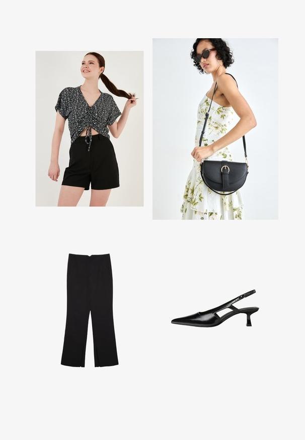 Schwarz-weißer gemusterter kurzärmliger Cropped-Top mit einer Bindeschleife vorne, kombiniert mit schwarzen Shorts. Glatte Textur und lockerer Schnitt.; Schwarze Hose mit geradem Schnitt, ausgestattet mit Fronttaschen und Seitenschlitzen am Saum. Hergestellt aus weichem, glattem Stoff. Geeignet für verschiedene Anlässe.; Schwarze Lackleder-Slingback-High Heels mit spitzer Zehenform, ausgeschnittenem Seitendesign und kleinem Blockabsatz. Glatte Textur mit minimalen Akzenten.; Schwarze Lederhandtasche mit geschwungener Form, abnehmbarem Tragegurt und goldenen Beschlägen. Die Tasche verfügt über einen Deckel mit einer Schnallen-Details.