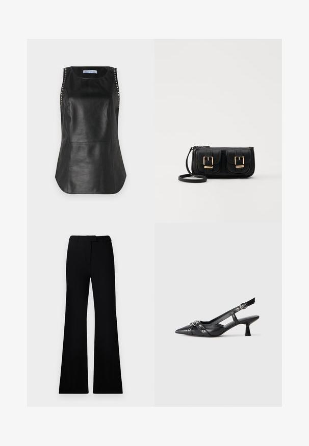 Juodas odinis be rankovių viršus su lygia tekstūra, puošiamas metaliniais smeigiais palei pečius ir apvaliu apdailos kraštu.; Juodos platėjančios kelnės su lygiu paviršiumi, pritaikyta juosmeniu ir priekinių kišenių dizainu, sukurtos su modernia, elegantiška siluetu.; Juodas odinis slingback tipo batai su smailiu priekiniu atvartu, dekoratyvinėmis sagtimis su metaliniais akyčiais ir žemu blokiniu kulnu. Saldus paviršius.; Juodas odinis per petį nešiojamas krepšys su dviem priekiniais kišenėmis, auksiniais sagtimis, užtrauktuko uždarymu ir siauromis petnešomis. Textūruota paviršius ir kompaktiškas stačiakampis formatas.