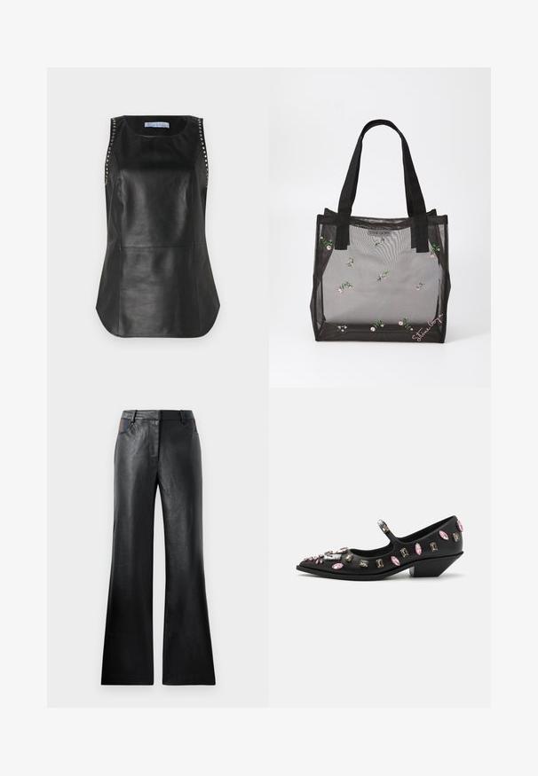 Melnas ādas bezpiedurkņu blūze ar gludu tekstūru, kurai plecos ir metāla pūtītes un noapaļota apakšmala.; Melnas ādas zvīņveida bikses ar gludu tekstūru, ar diviem priekšējiem kabatām un melniem un brūniem akcentiem apvidū.; Melna ādas Mary Jane stila kurpe ar smailu purngalu, rotāta ar dažādu formu akmeņiem rozā un caurspīdīgā tonī, ar zemu zoli.; Melna acu soma ar izšūtām ziedu rakstiem, ar izturīgām melnām rokturiem un logo birku priekšpusē. Puscaurspīdīgs materiāls.