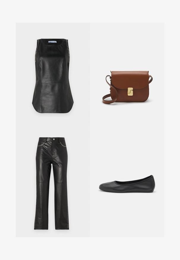 Zwarte leren mouwloze top met een gladde textuur, voorzien van metalen studs langs de schouders en een afgeronde zoom.; Zwarte leren broek met een recht model, voorzien van metallic studs langs de zakken en zijnaad voor extra details.; Zwarte leren ballerina met een ronde neus, gladde textuur, minimale stikdetails en een flexibele zoolontwerp.; Bruine leren handtas met een klep sluiting, gouden hardware, een schouderband en een gladde textuur. Compact rechthoekige vorm.