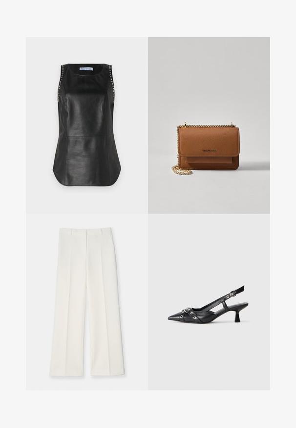 Top senza maniche in pelle nera con una texture liscia, caratterizzato da borchie metalliche lungo le spalle e un orlo arrotondato.; Pantaloni a gamba larga in tessuto color crema chiaro, caratterizzati da una texture morbida, pieghe frontali e due tasche laterali. Design della vita rifinita.; Scarpa slingback nera in pelle con punta affusolata, cinturini decorativi con occhielli metallici e tacco basso a blocco. Superficie testurizzata.; Borsa a tracolla in pelle marrone con texture, dotata di catena dorata e chiusura a pattina. Sul davanti presenta un dettaglio con logo e una tasca sotto la pattina.