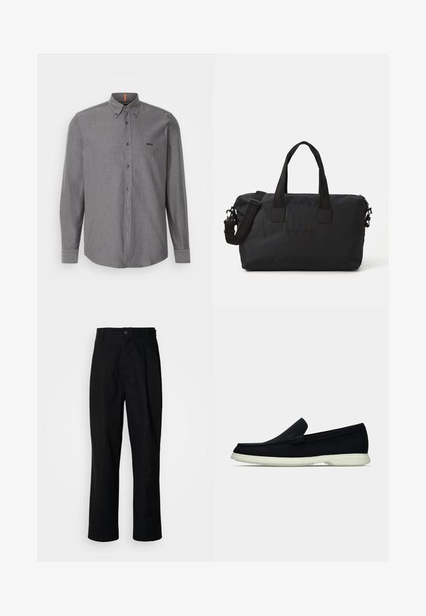 Gray long-sleeve button-up shirt, cotton blend, with a pointed collar, front pocket, and logo on the chest. Features a curved hem and button cuffs.; Black straight-leg trousers with a buttoned waistband, belt loops, and front crease, displayed against a plain white background.; Black slip-on shoe with a rounded toe, featuring a textured upper, smooth white sole, and subtle branding detail on the side.; Black nylon duffel bag with two top handles and a detachable shoulder strap. Features embossed logo and smooth texture with zip closure.