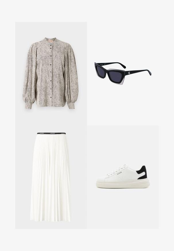 Mygtukinė bliuska, lengvas audinys, balta su juodu taškeliais, aukšta apykaklė, pabrinkusiomis rankovėmis ir užsegta juodais mygtukais.; Pleated balta sijonas su juodu elastiniu juosmeniu, ant kurio yra "LACOSTE" logotipas. Vidutinio ilgio dizainas su švelnia tekstūra.; Baltos odinės sportbačiai su storu baltu padu, juodu nubuko kulno akcentu ir iškilmingu logotipu šone. Su raišteliais, turinčiais šešis akinius.; Juodos didelės saulės akinių su geometrine forma, turinčiais tamsius objektyvus ir kontrastingą pilką detalę ant rėmelio. Logotipas ant šalon.