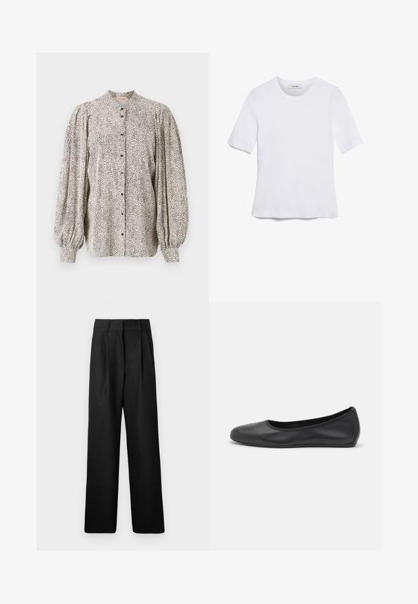 Knappet bluse, letvægtsstof, hvid med sorte prikker, høj krave, puffede ærmer og lukket med sorte knapper.; Hvid kortærmet t-shirt lavet af ribbet stof. Rund halsudskæring, almindelig pasform og subtile syninger. Ingen mønstre eller grafik.; Sorte vide bukser med en glat tekstur, med forkørsler og høj talje design. Fremstillet af et let stof.; Sort læderballetsko med rund tå, glat tekstur, minimal syning og et fleksibelt såldesign.