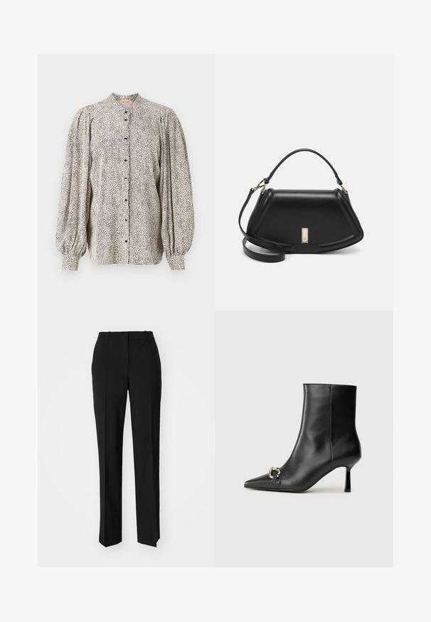 Bluse mit Knöpfen, leichtes Material, weiß mit schwarzem gesprenkeltem Muster, hoher Kragen, schulterauffällige Ärmel und mit schwarzen Knöpfen geschlossen.; Schwarze, taillierte Hose mit geradem Bein, aus einem glatten Stoff und mit klaren Falten an der Vorderseite. Keine sichtbare Hardware.; Schwarze Leder-Stiefelette mit spitzer Zehe, schlankem, mittelhohem Absatz und silberner Schnalle seitlich vor einem schlichten Hintergrund.; Schwarze Lederhandtasche mit einem strukturierten Design, das eine verkürzte Form, einen oberen Griff und goldfarbene Hardware-Details aufweist. Verstellbarer Schulterriemen ist enthalten.