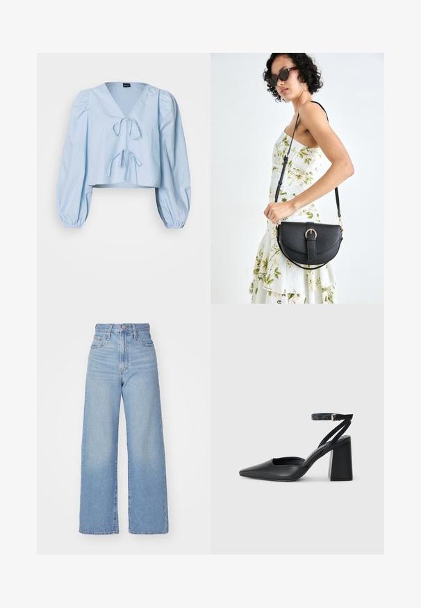 Blusa curta azul clara com decote em V, fecho em laço e mangas bufantes. Feita de um tecido suave com punhos elásticos.; Jeans de cintura alta e perna larga em azul claro, com fecho frontal de botão e zíper, bolsos frontais e traseiros, sobre um fundo branco.; Sandal com biqueira afilada em couro preto, com cinta no tornozelo e salto grosso. Textura lisa, design elegante e estética minimalista.; Bolsa de couro preta com forma curva, alça destacável e detalhes em dourado. A bolsa possui uma aba com detalhe de fivela.