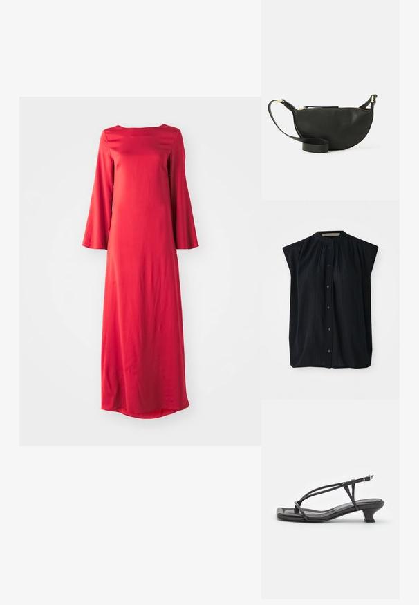 Melnas īsām piedurknēm krekls ar mandarina apkakli, ar vertikālām krokām un pilnu pogu fronti. Mīksta auduma ar gludu tekstūru.; Garšīga sarkana kleita no viegla auduma, ar laivu tipa apkakli un platām zvanu piedurknēm. Gluda tekstūra ar taisnu siluetu.; Melnas ādas sandales ar plānām siksniņām, zemu blokveida papēdi un kvadrātveida deguniem. Ar sprādzi un gludu tekstūru.; Melnas ādas plecu soma ar pusmēness formu, teksturētu virsmu, zelta rāvējslēdzēju un plakanu siksnu. Kompakts dizains, kas piemērots svarīgākajām lietām.