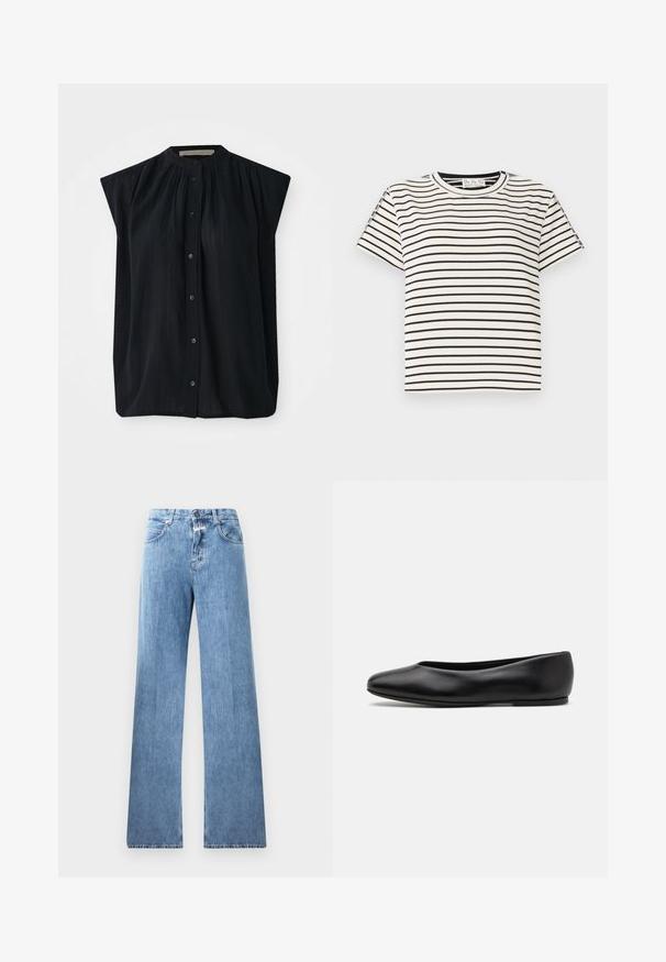 Chemise noire à manches courtes avec un col mandarin, présentant des plis verticaux et une fermeture à boutons sur toute la longueur. Tissu doux avec une texture lisse.; T-shirt en coton à manches courtes avec un col rond, présentant des rayures verticales noires sur un fond blanc et un design à coupe droite.; Jeans en denim bleu clair avec une coupe large, cinq poches, passants de ceinture et fermeture à bouton. Le tissu a une texture lisse.; Paul Smith TOPANGA - Ballerines - black