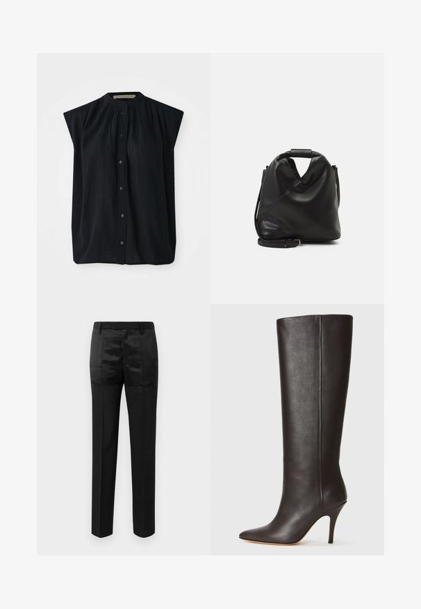 Schwarzes Kurzarmhemd mit Stehkragen, das vertikale Falten und eine durchgehende Knopfleiste aufweist. Weicher Stoff mit glatter Textur.; Schwarze maßgeschneiderte Hosen mit geraden Beinen und einem Bund mit Gürtelschlaufen, ausgestattet mit einer Mischung aus matten und glänzenden Stoffpaneelen.; Schwarze knöchelhohe Lederstiefel mit spitzem Schuhspitze, schlankem Design und dünnem hohen Absatz. Glatte Textur und minimale Verzierungen.; Schwarze, weiche Ledertasche mit einem einzigartigen verdrehten Design. Hat einen kurzen Griff und einen abnehmbaren Schultergurt. Minimalistischer Stil.