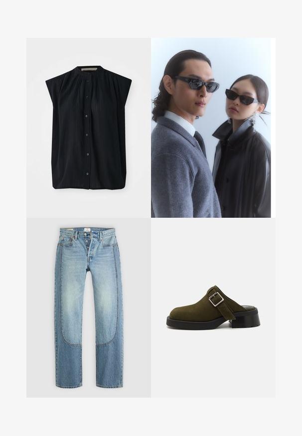 Schwarzes Kurzarmhemd mit Stehkragen, das vertikale Falten und eine durchgehende Knopfleiste aufweist. Weicher Stoff mit glatter Textur.; Helle blaue Denim-Jeans mit einem geraden, lockeren Schnitt, die kontrastierende Paneeldetails und ein Fünf-Taschen-Design aufweisen. Knopfverschluss.; Olivgrüner Wildleder-Mule mit einem niedrigen, klobigen schwarzen Absatz. Verfügt über einen Seitenriemen mit einer silbernen Schnalle zur Anpassung. Insgesamt glatte Textur.; Sonnenbrille mit eckigen schwarzen Rahmen, getragen von einem Modell mit einem grauen Pullover, der ein strukturiertes Strickmuster zeigt, sowie einer schwarzen Lederjacke, die von einem anderen Modell getragen wird.